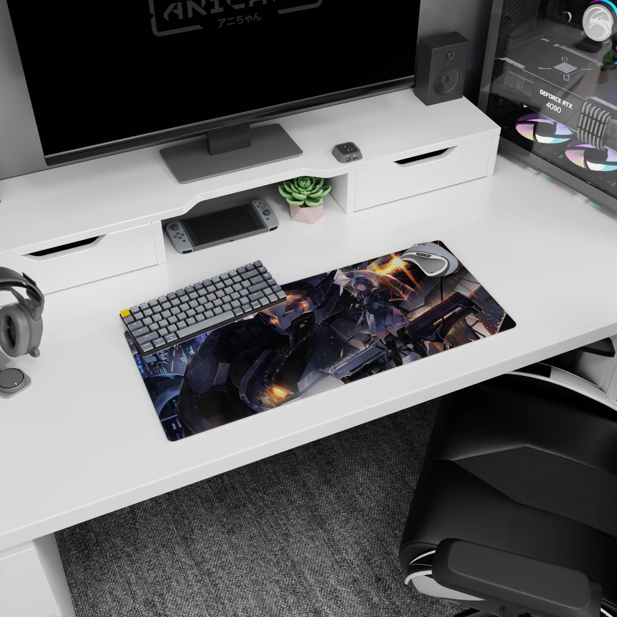 28x12 inches desk mat featuring silver-haired anime girl holding a clear umbrella, mech guarding behind.