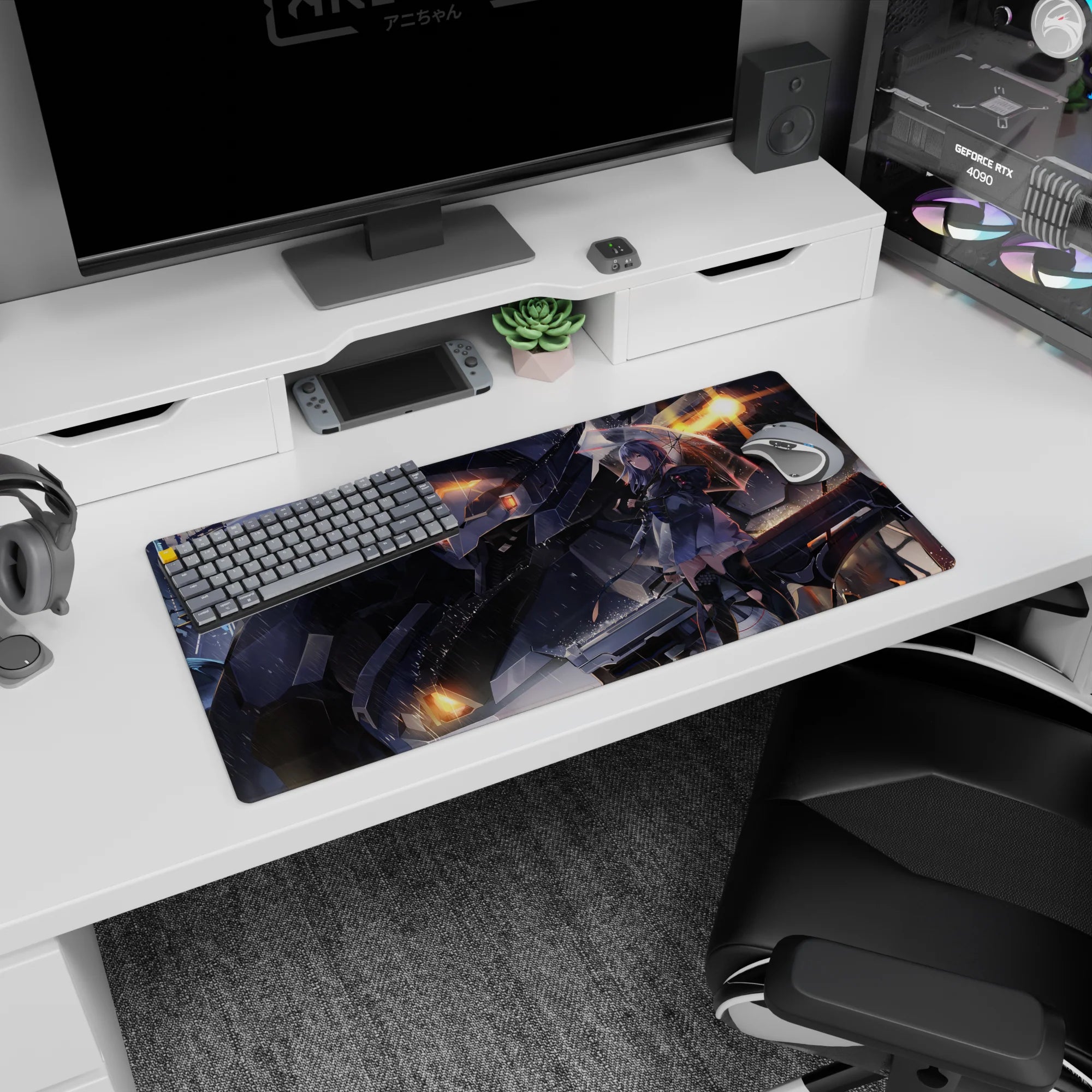 32x16 inches extended mouse pad showing a silver-haired girl under an umbrella with neon city rain and mech.