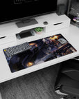 32x16 inches extended mouse pad showing a silver-haired girl under an umbrella with neon city rain and mech.