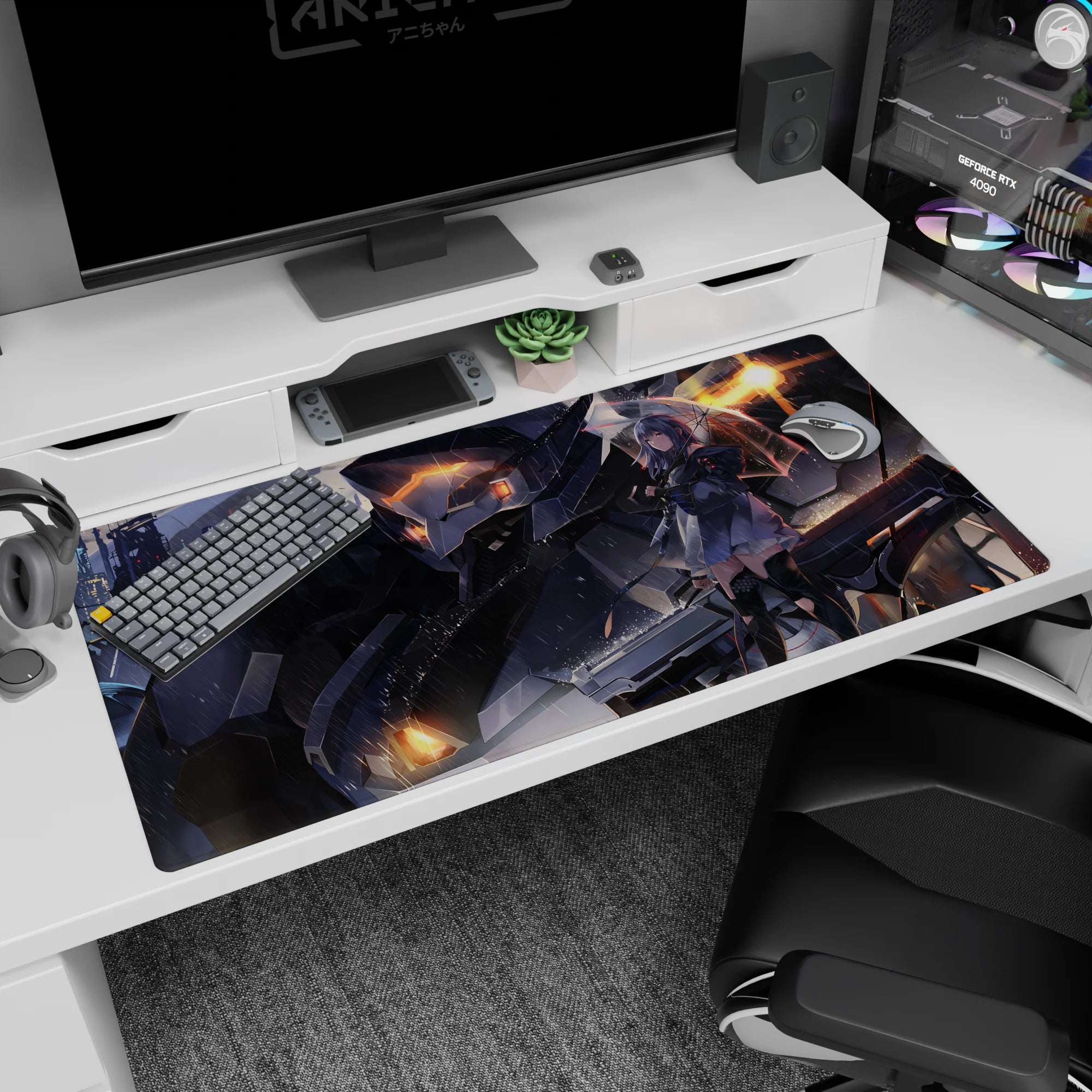 Silver-haired anime girl with clear umbrella and guardian mech desk pad 40x20 inches in rainy city.