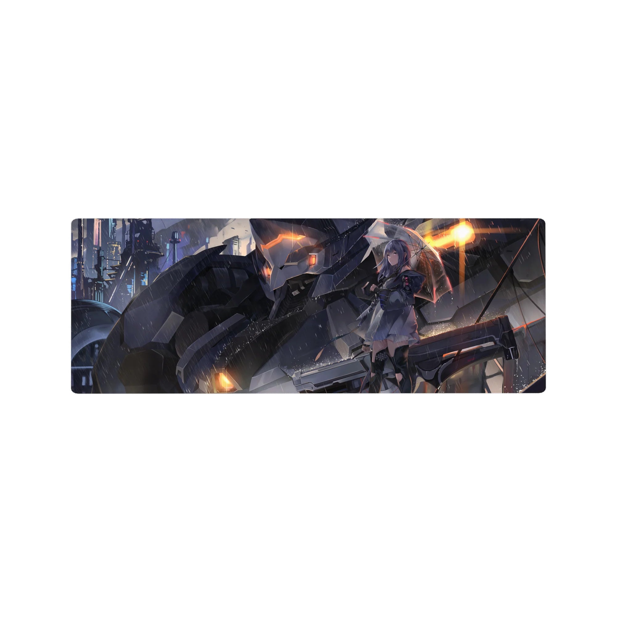 32x12 inches anime girl mouse pad with neon rain city, mech guardian, and umbrella heroine sci-fi art.