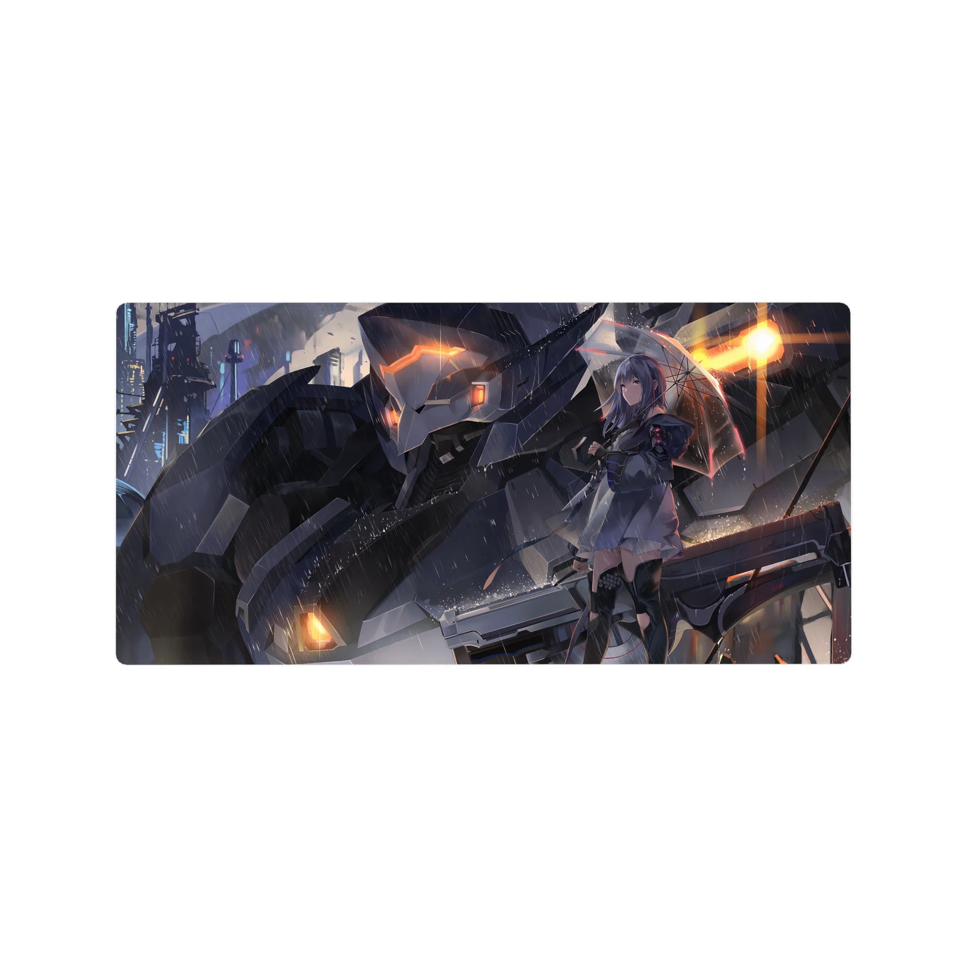 32x16 inches anime girl mouse pad with silver-haired heroine, clear umbrella, and towering mech backdrop.