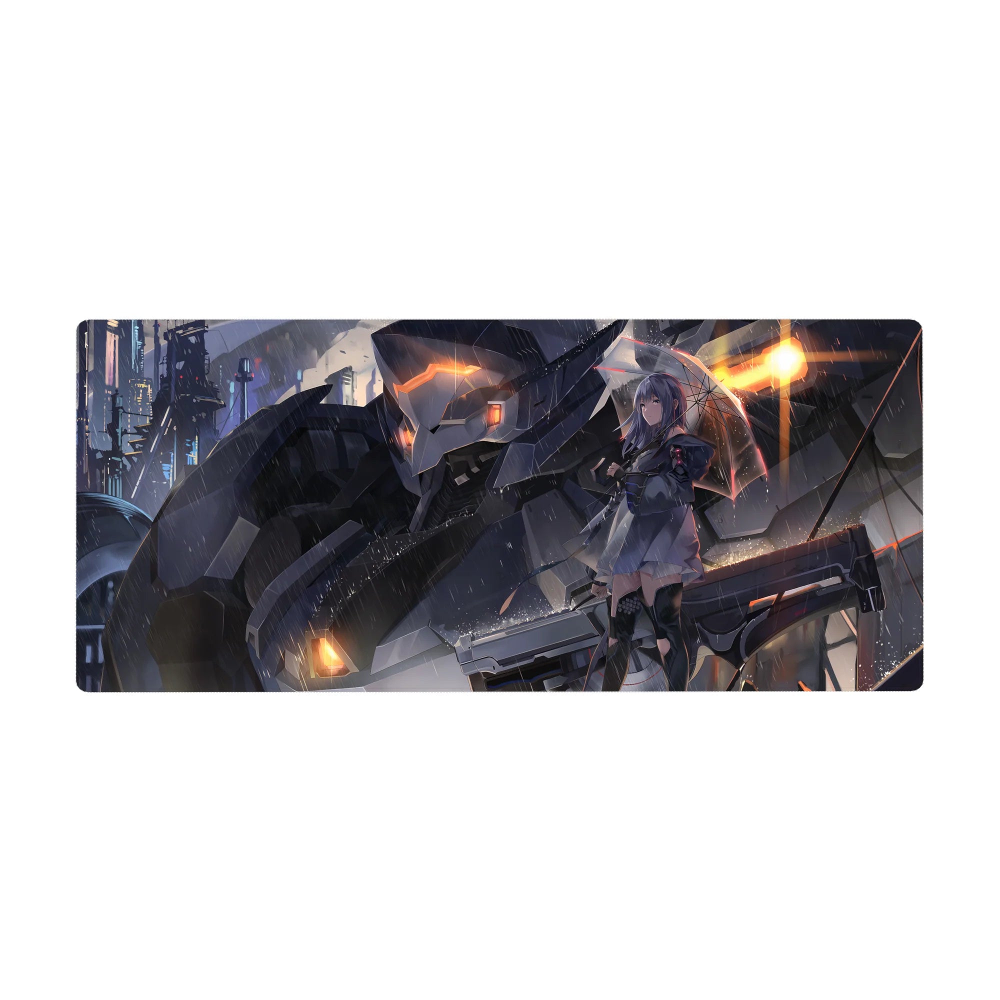Sci‑fi anime girl desk pad with neon city rain, mech guardian, and clear umbrella, 36x16 inches.