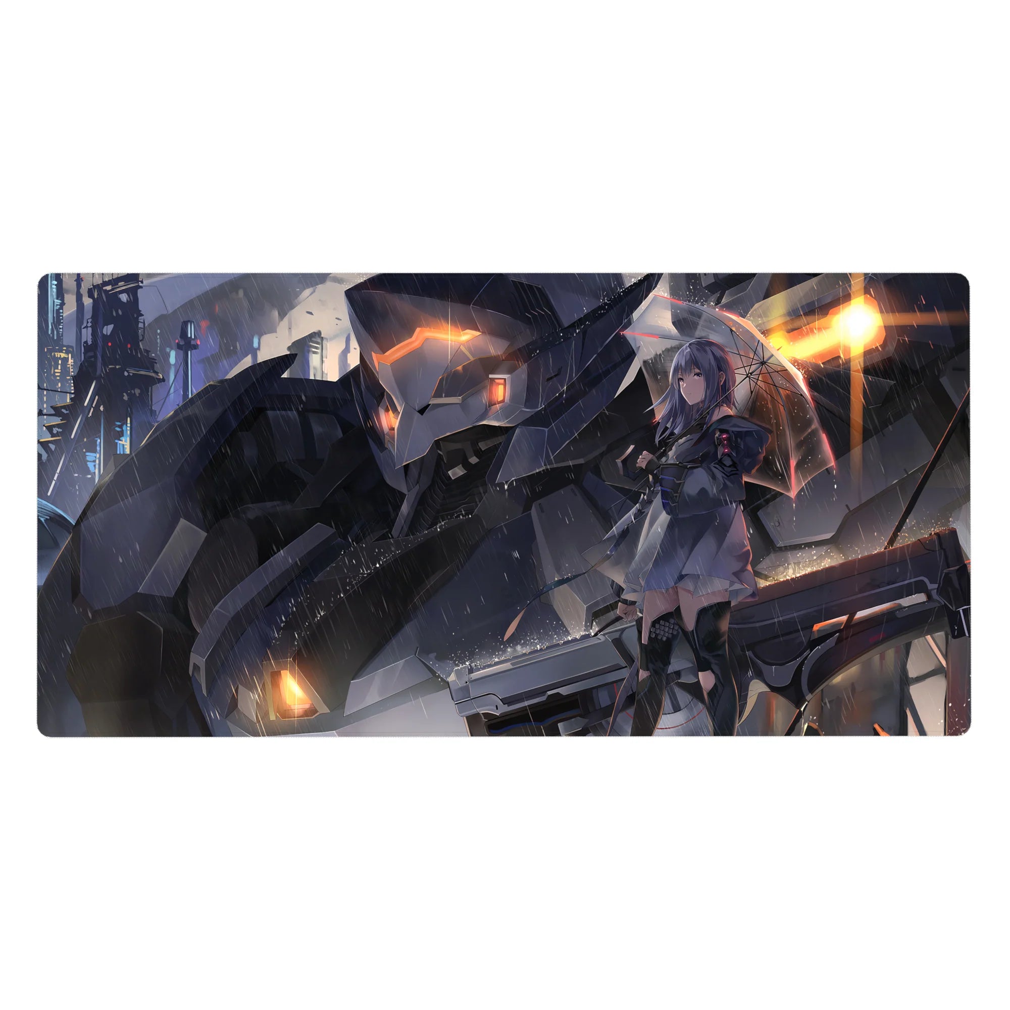 Sci-fi anime girl desk pad 40x20 inches with neon city rain scene and towering mech backdrop.