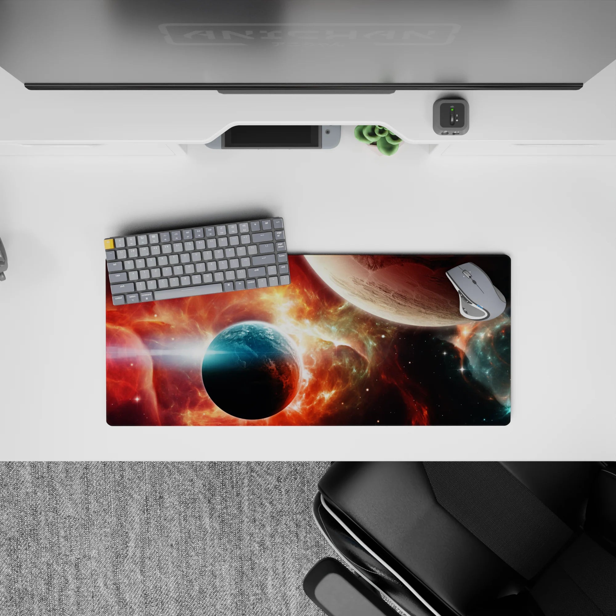 Fiery red-orange and cool teal cosmic haze mouse pad, 28x12 inches, for a dramatic late-night vibe.