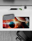 Fiery red-orange and cool teal cosmic haze mouse pad, 28x12 inches, for a dramatic late-night vibe.