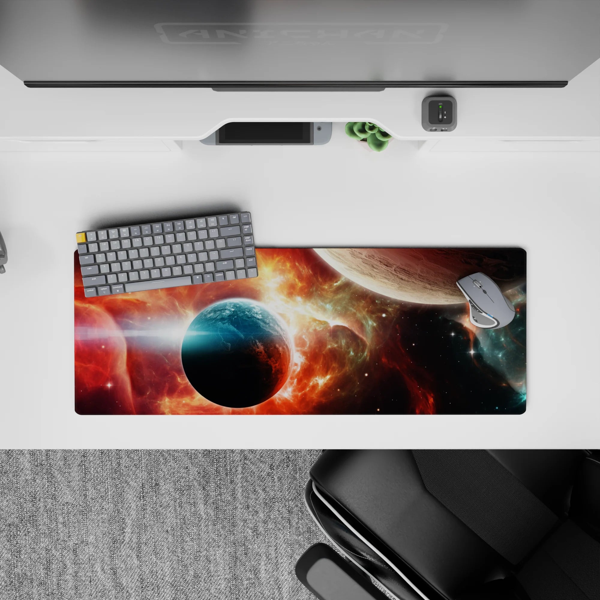 Fiery red-orange and teal cosmic haze mouse pad with crisp stars, 32x12 inches.