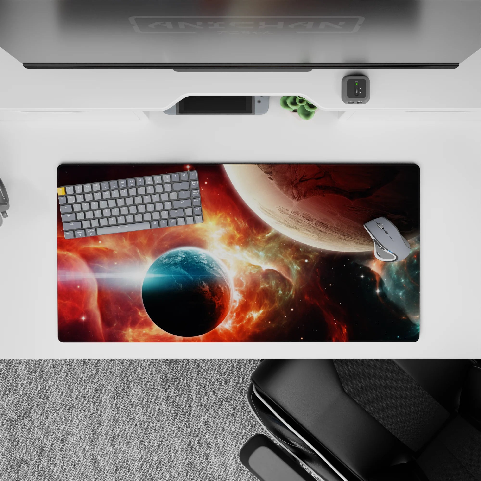 Fiery red-orange and teal space haze mouse pad, smooth dramatic night vibe, 32x16 inches.