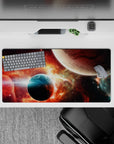 Fiery red-orange and teal space haze mouse pad, smooth dramatic night vibe, 32x16 inches.