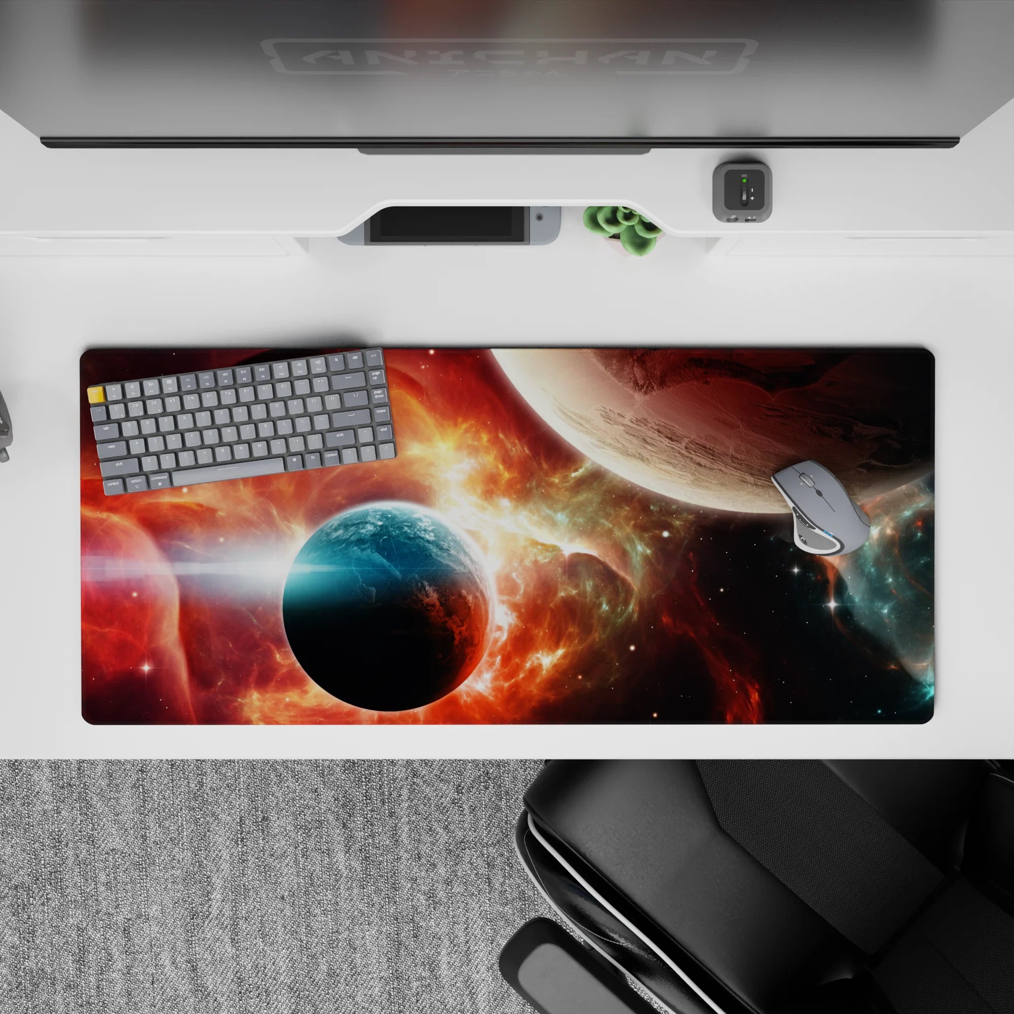 Fiery red-orange and cool teal space desk pad 36x16 inches with smoky gradients and crisp stars.