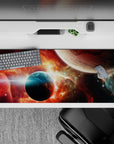 Fiery red-orange and cool teal space desk pad 36x16 inches with smoky gradients and crisp stars.