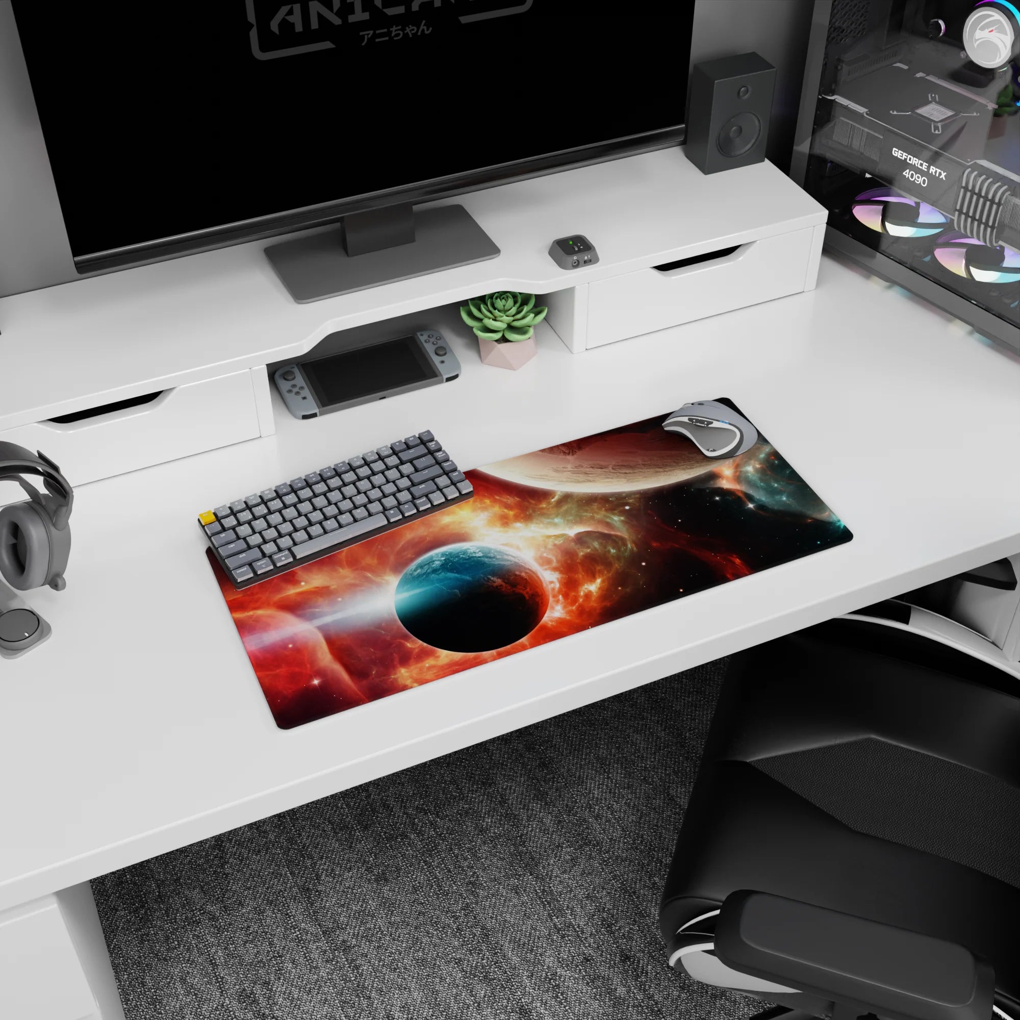 Two planets over a glowing space horizon mouse pad, 28x12 inches, with crisp stars and smoky gradients.