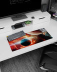 Two planets over a glowing space horizon mouse pad, 28x12 inches, with crisp stars and smoky gradients.