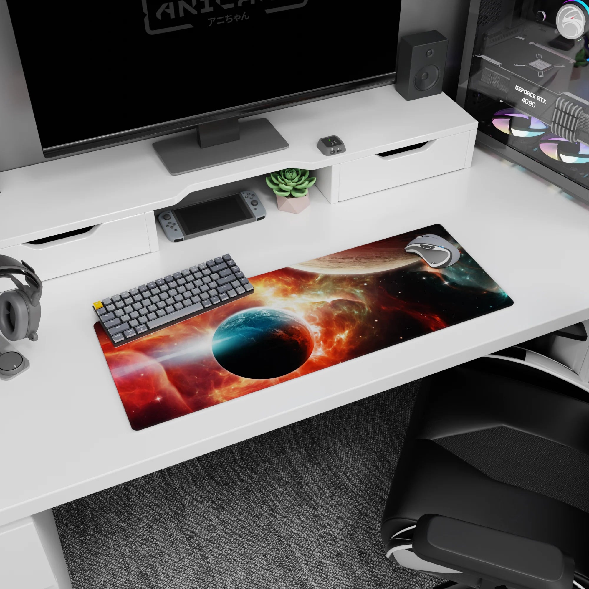 Two planets drifting above a glowing space horizon on extended mouse pad, 32x12 inches.