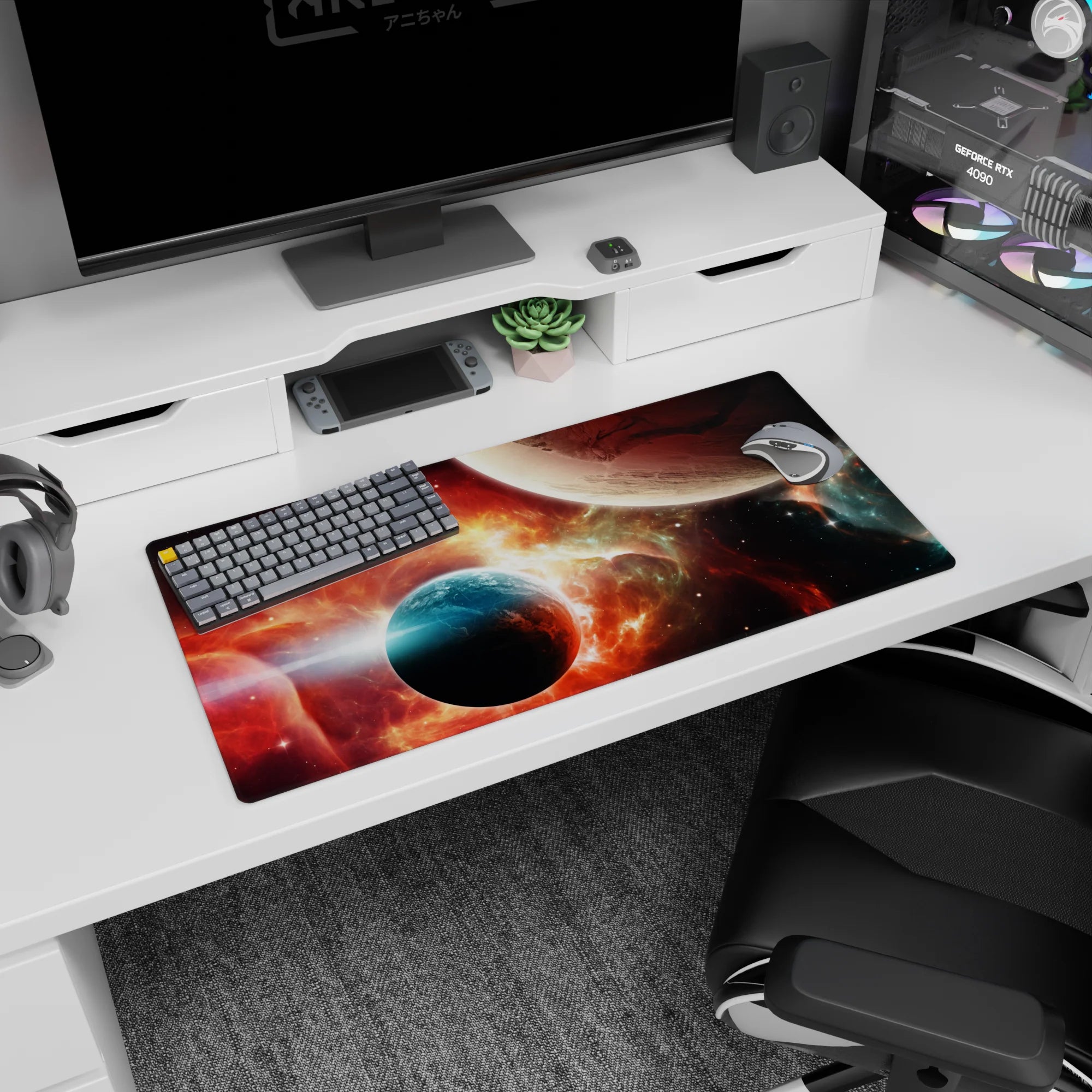 Two planets over a glowing cosmic horizon mouse pad with crisp stars, 32x16 inches.