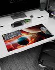 Two planets over a glowing cosmic horizon mouse pad with crisp stars, 32x16 inches.