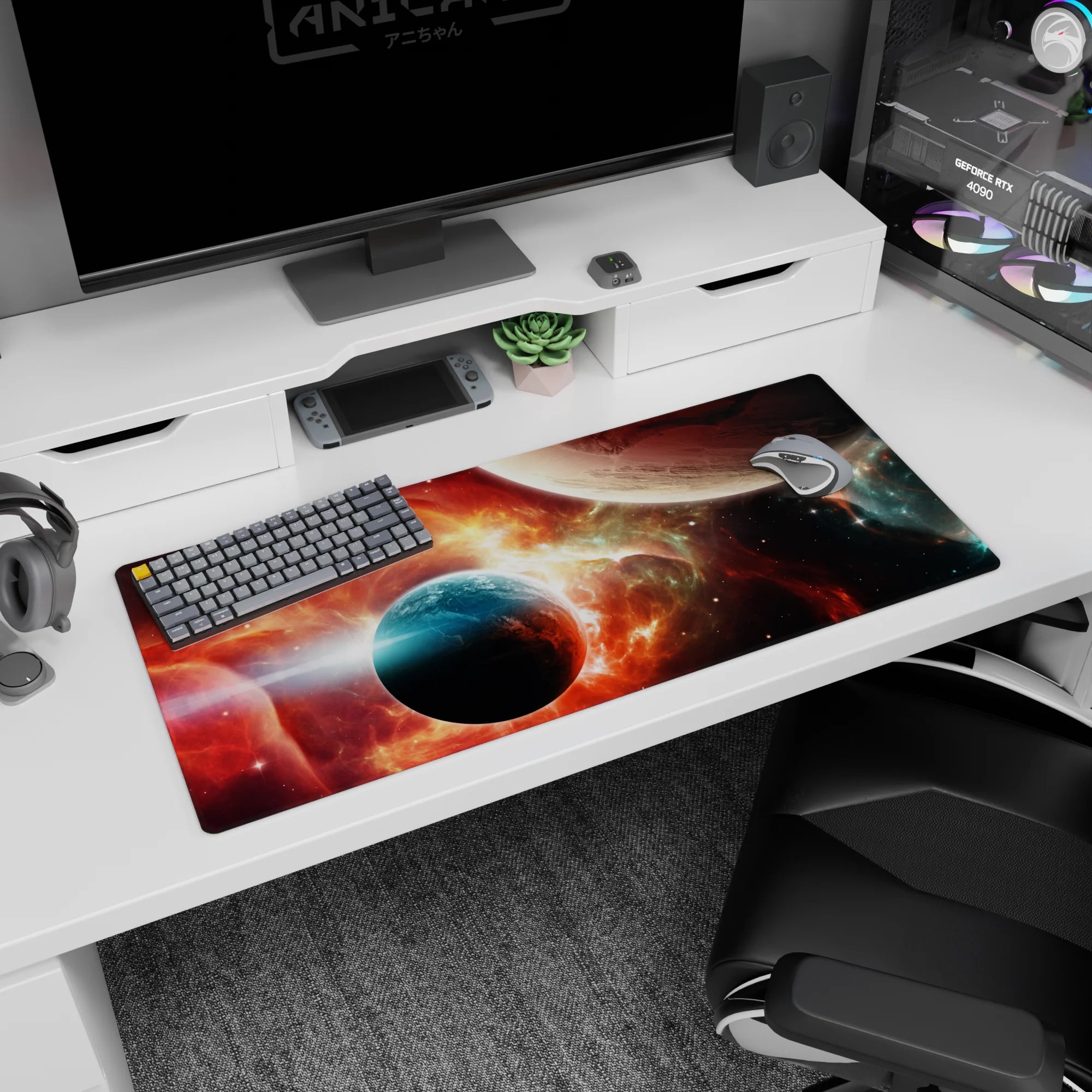 Two planets floating over a glowing cosmic horizon desk pad 36x16 inches with nebula haze and starlight.