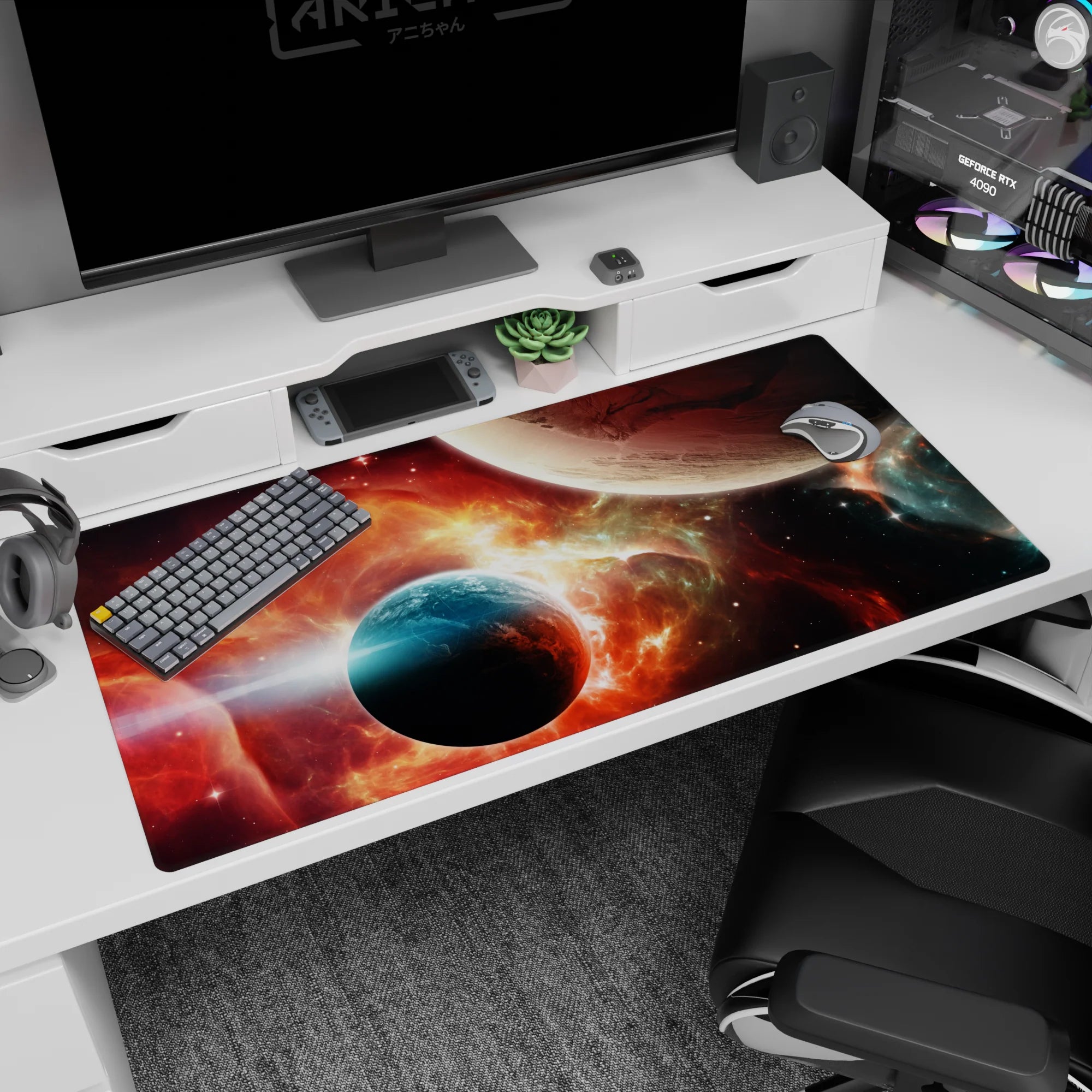 Two planets over a starry space horizon desk pad 40x20 inches featuring a dramatic nebula sky.