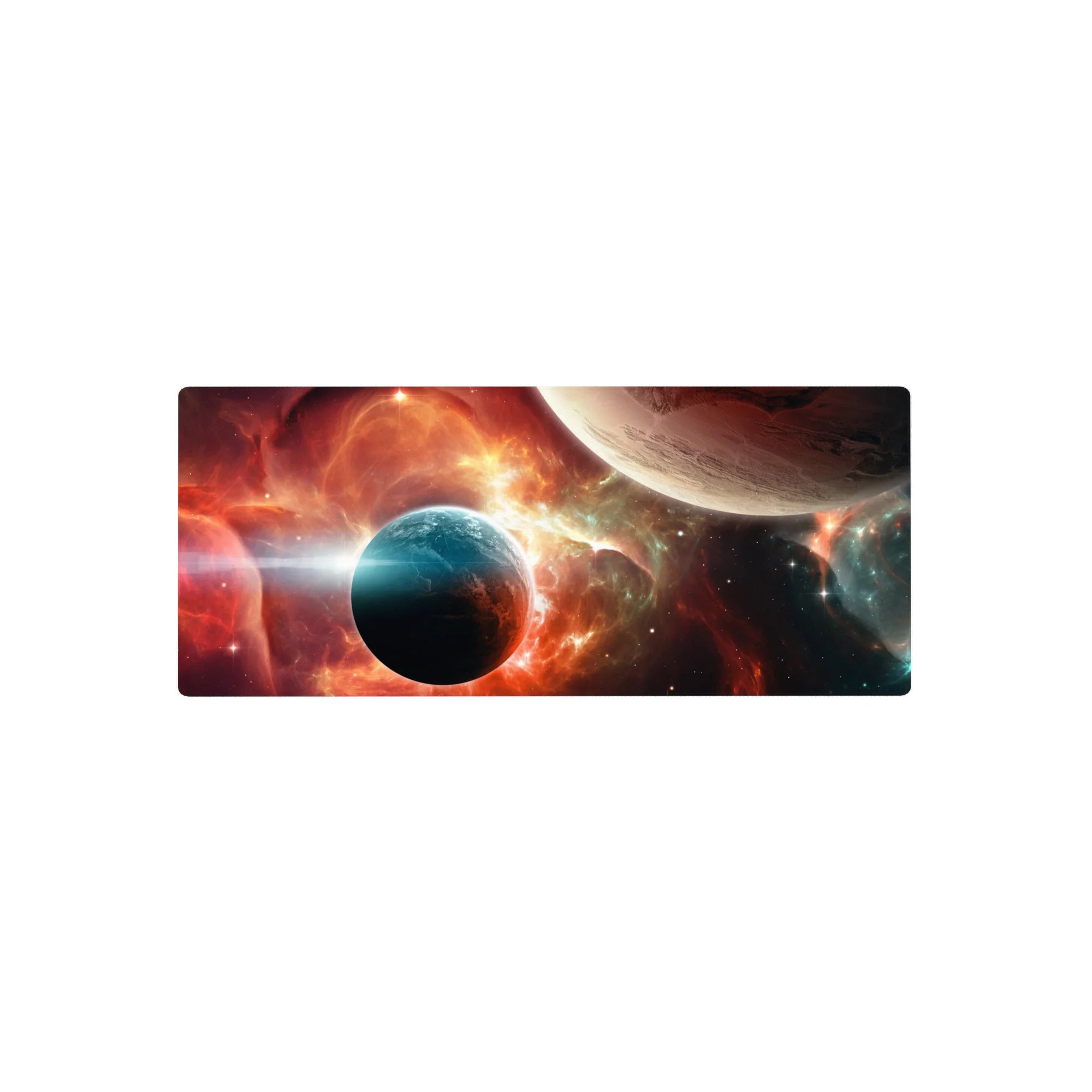 Space nebula and twin planets desk mouse pad, 28x12 inches, with starfield and horizon glow.