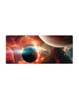 Space nebula and twin planets desk mouse pad, 28x12 inches, with starfield and horizon glow.