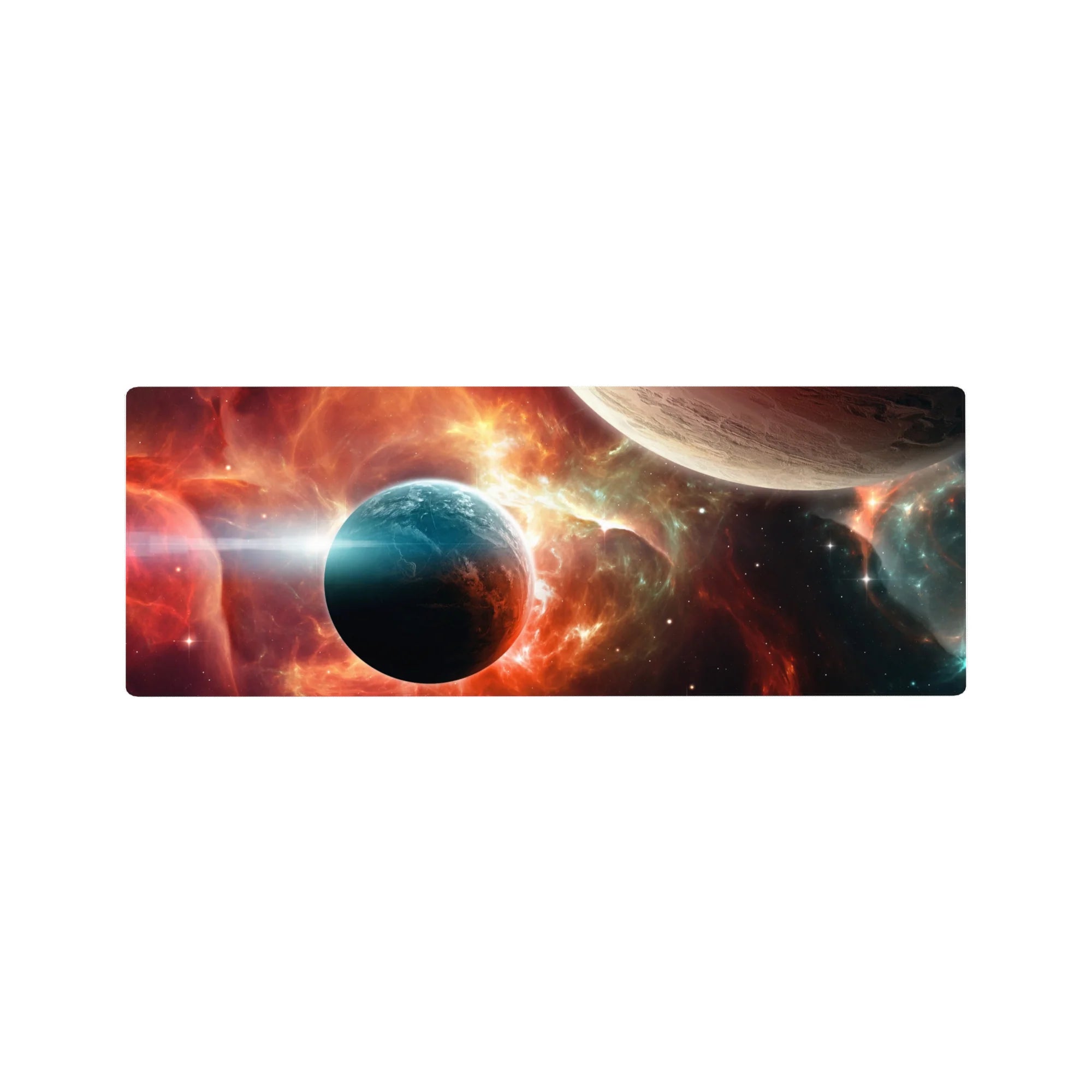 Space nebula desk mouse pad with planets and starry horizon glow, 32x12 inches.