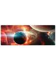 Space nebula desk mouse pad with planets and starry horizon glow, 32x12 inches.