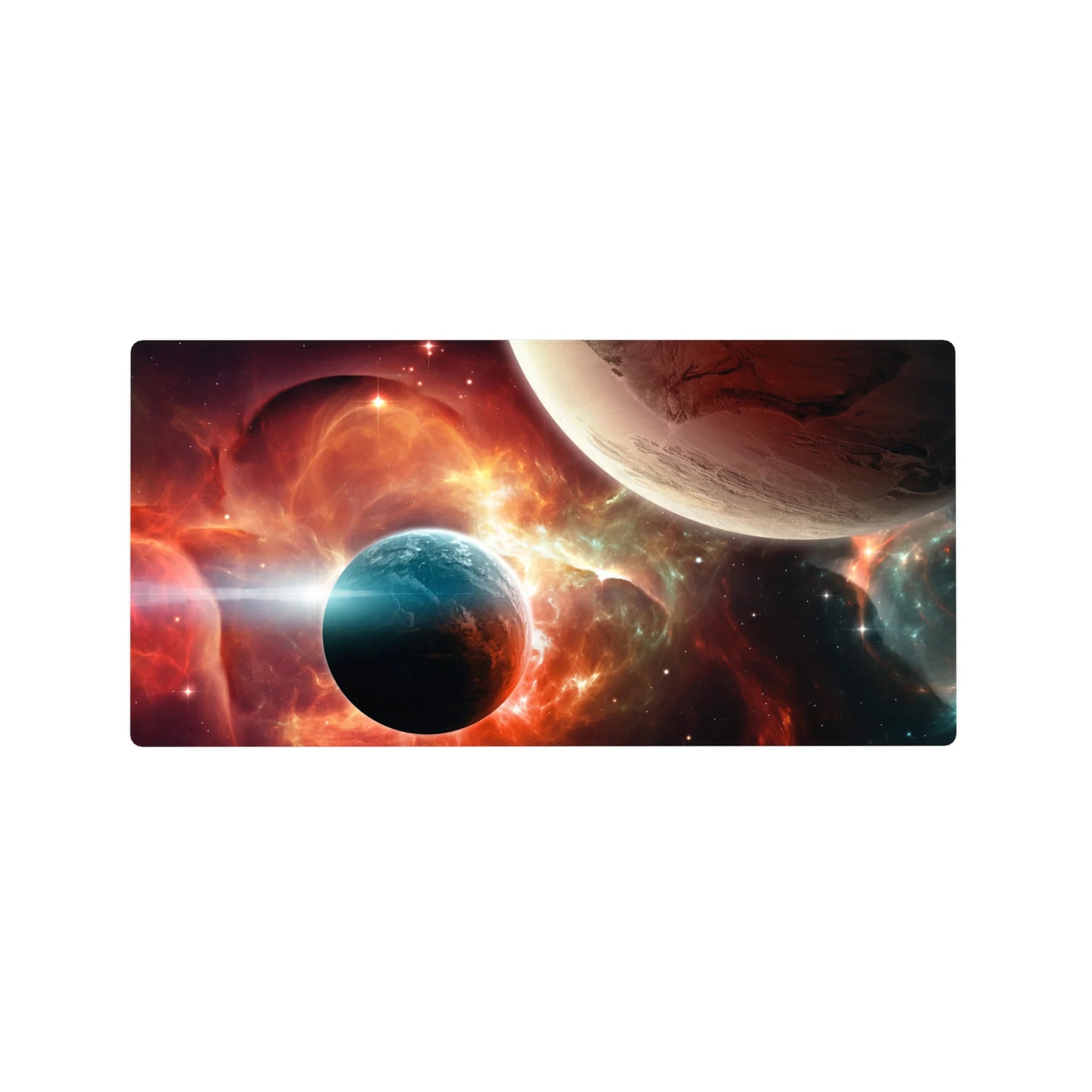 Cosmic nebula and two planets desk mouse pad, extended 32x16 inches size for keyboard and mouse.