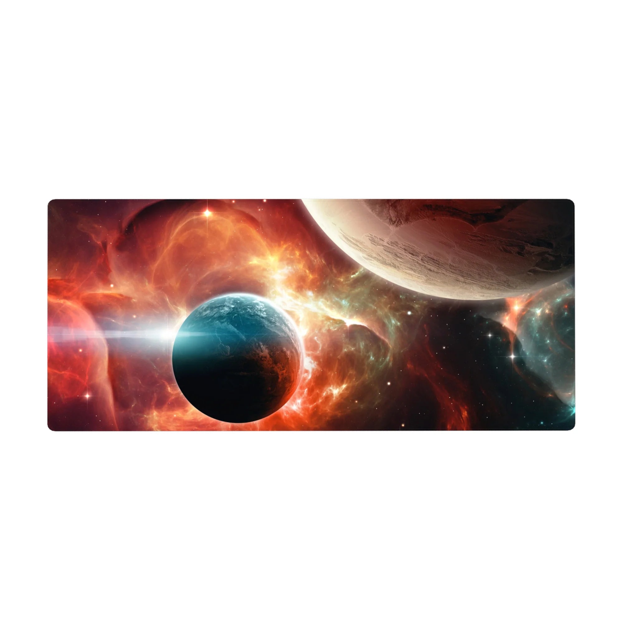 Galaxy nebula desk pad 36x16 inches with stars, two planets, and horizon glow for gaming and work.