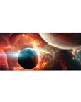 Galaxy nebula desk pad 36x16 inches with stars, two planets, and horizon glow for gaming and work.