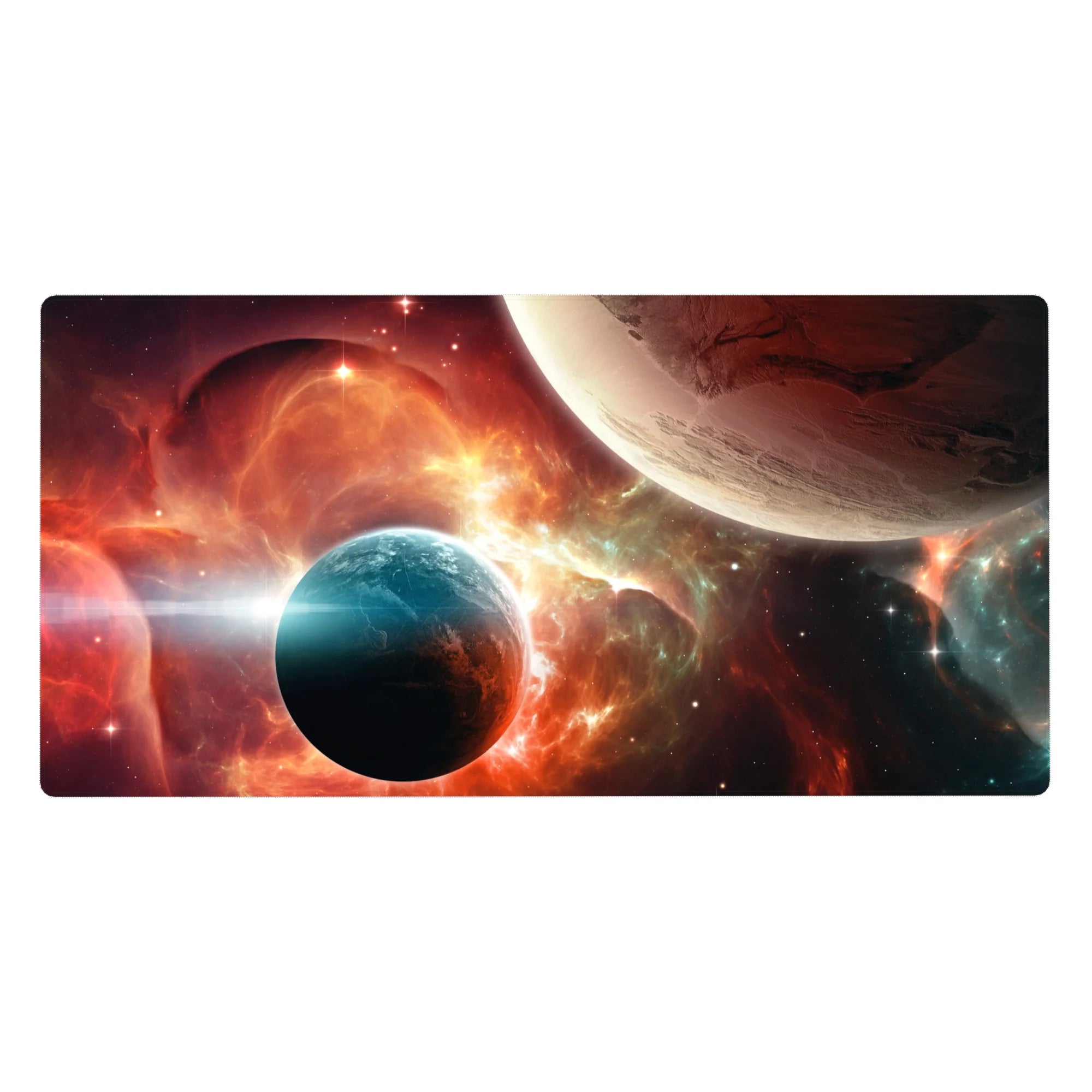 Cosmic nebula desk pad 40x20 inches with stars, two planets, and a glowing horizon for work or gaming.