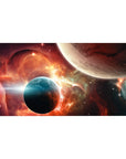 Cosmic nebula desk pad 40x20 inches with stars, two planets, and a glowing horizon for work or gaming.