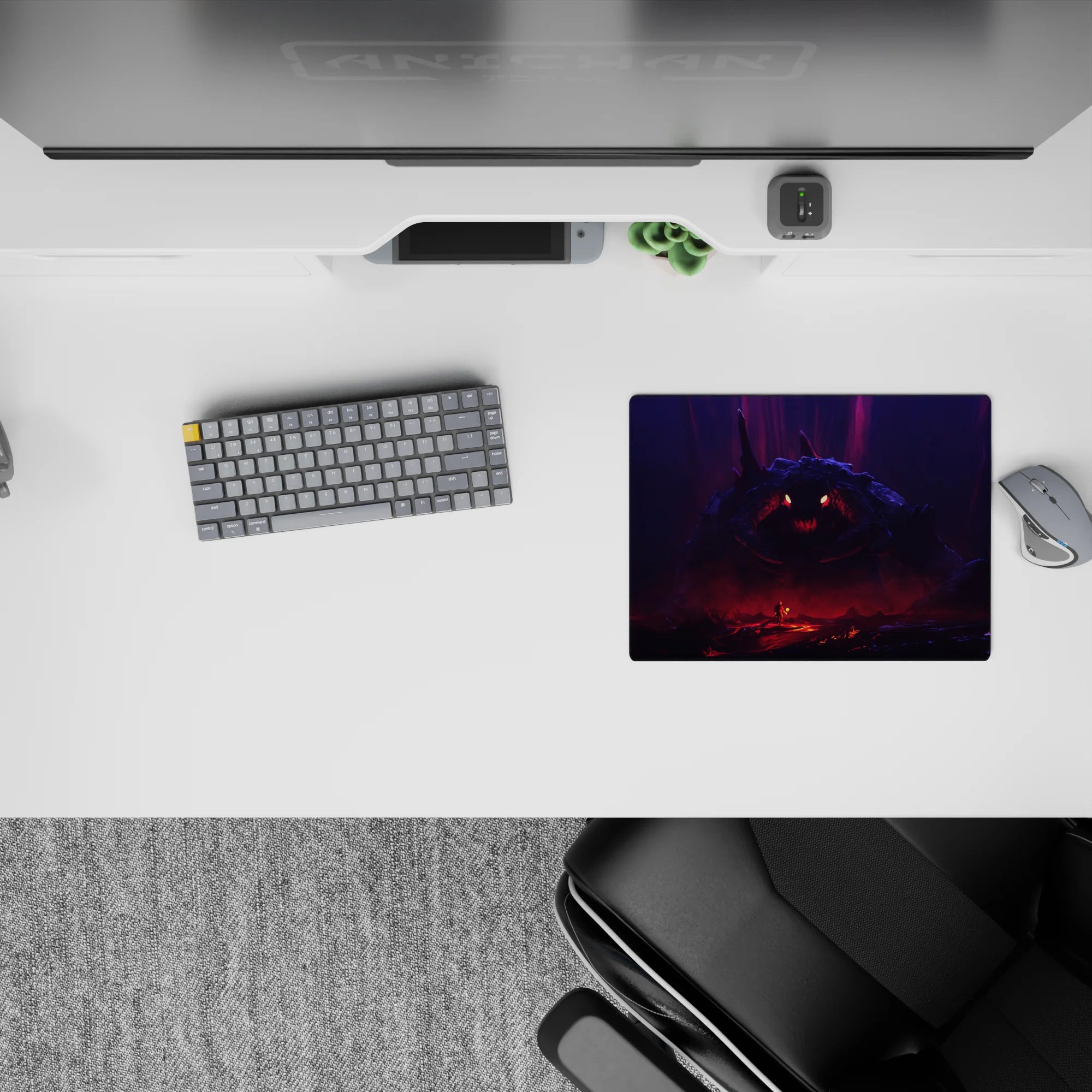 Cinematic dread anime mouse pad 14x10 inches in violet mist and blood-red glow with ember eyes.
