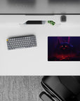 Cinematic dread anime mouse pad 14x10 inches in violet mist and blood-red glow with ember eyes.
