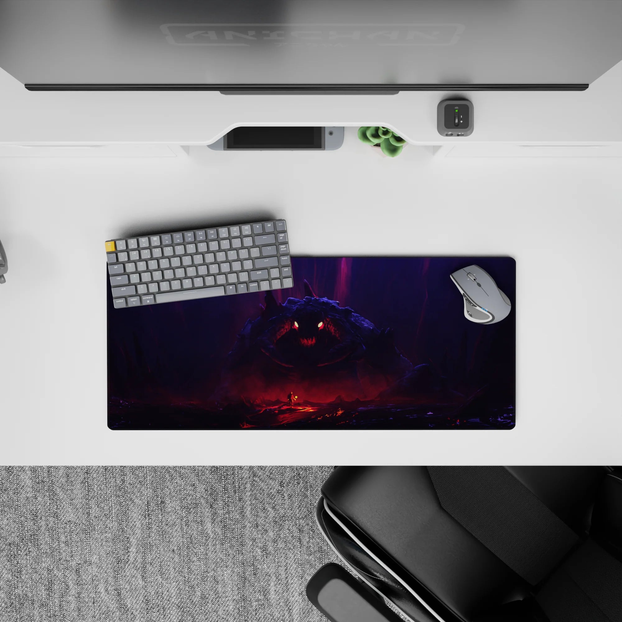 28x12 inches anime mouse pad in violet mist and blood-red glow, ember eyes, dark horror fantasy mood.