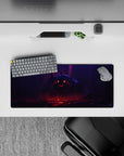 28x12 inches anime mouse pad in violet mist and blood-red glow, ember eyes, dark horror fantasy mood.