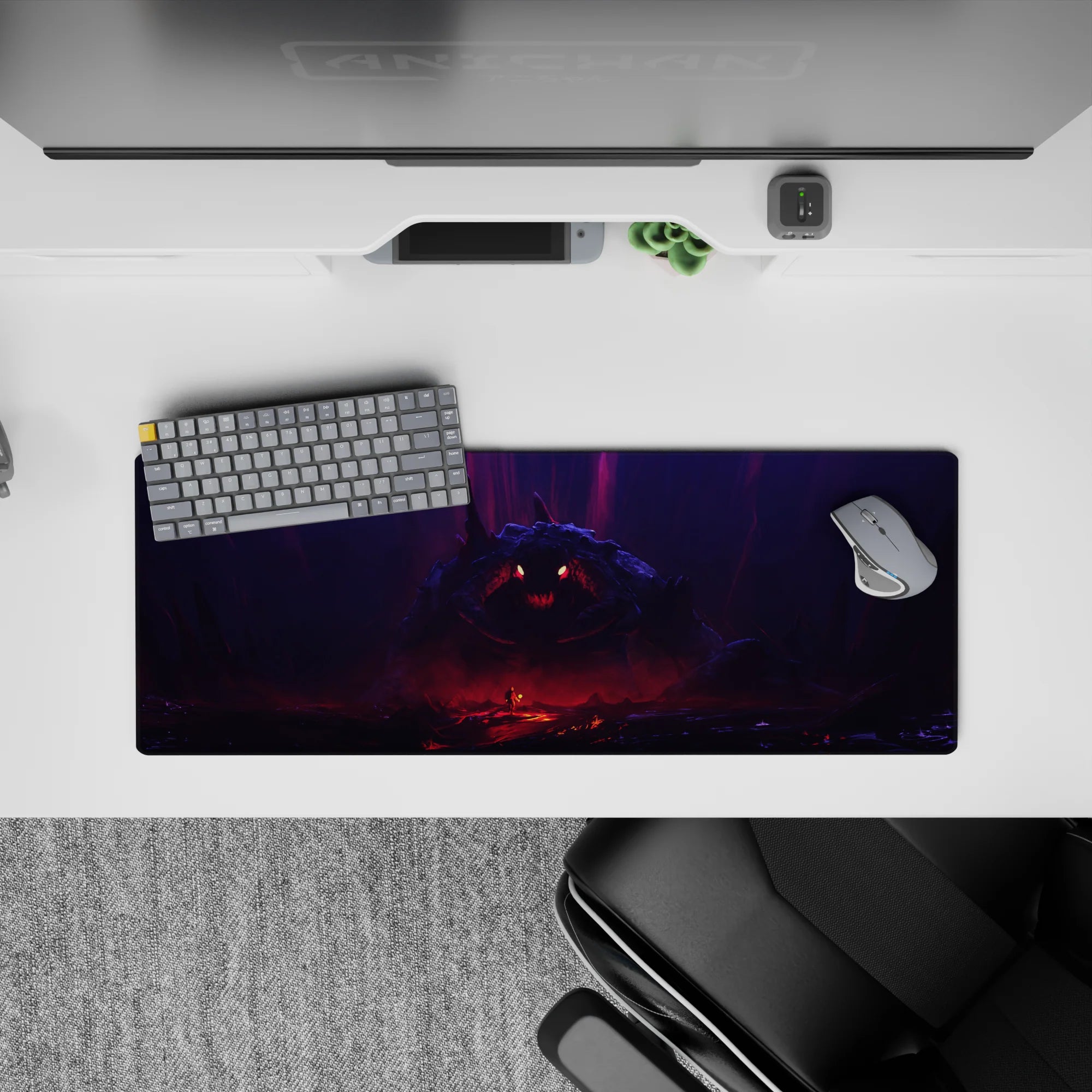 32x12 inches anime mouse pad in violet mist and blood-red glow, ember eyes and dark final-boss mood.