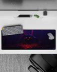32x12 inches anime mouse pad in violet mist and blood-red glow, ember eyes and dark final-boss mood.
