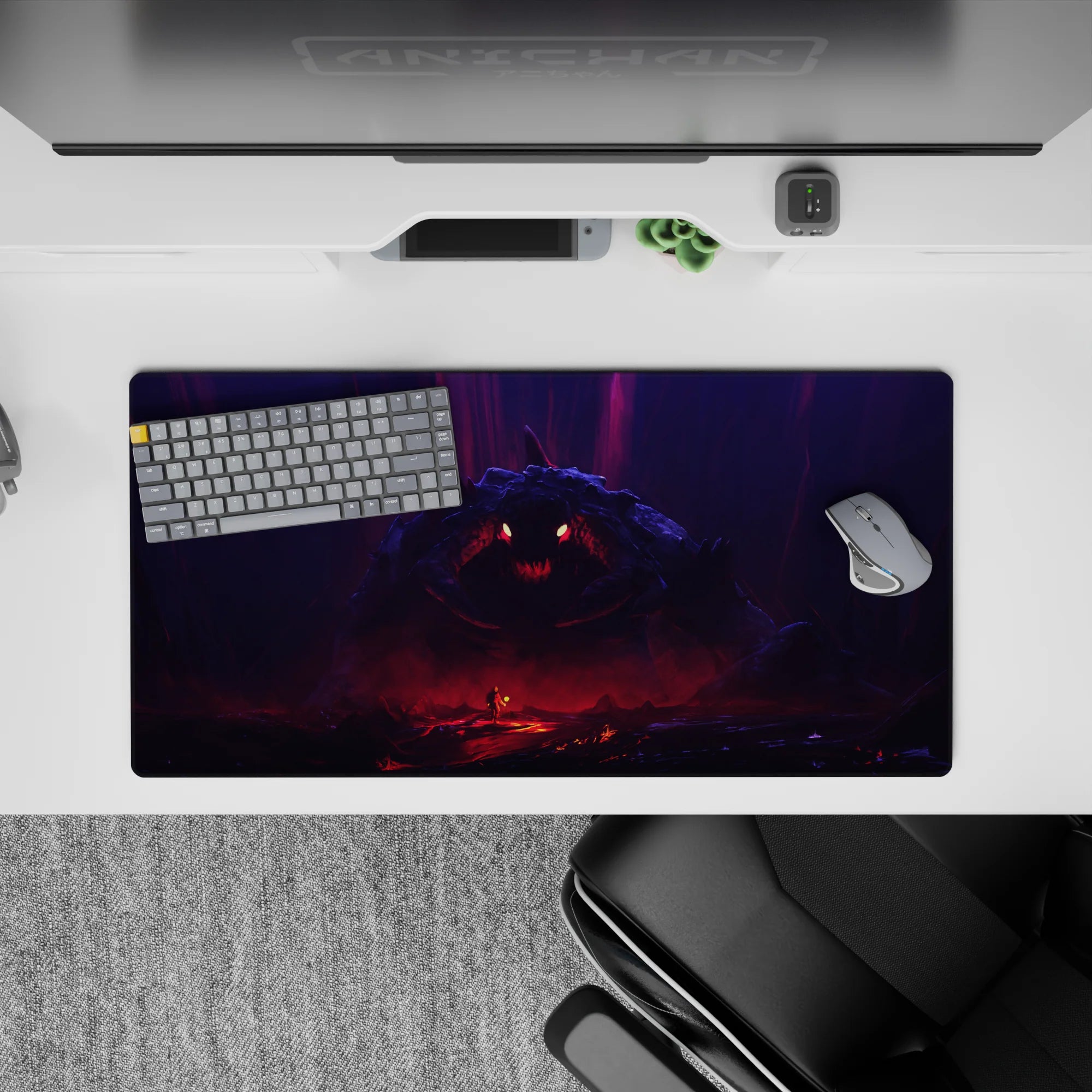Anime mouse pad 32x16 inches in violet mist and blood-red glow, ember eyes, dark final boss mood.