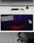 Anime mouse pad 32x16 inches in violet mist and blood-red glow, ember eyes, dark final boss mood.