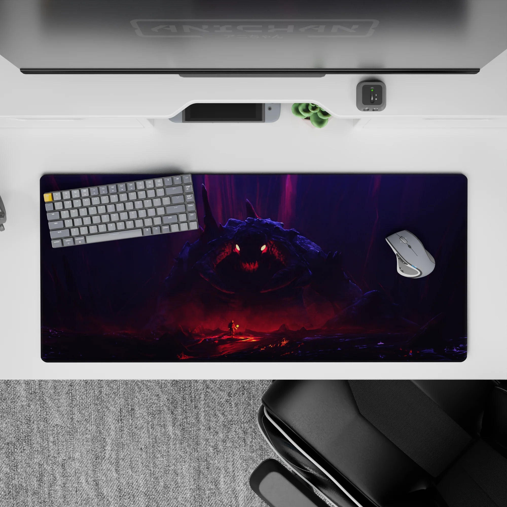 Dark fantasy anime desk pad 36x16 inches in violet mist and blood-red glow, ember eyes and dread vibe.