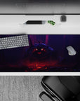 Dark fantasy anime desk pad 36x16 inches in violet mist and blood-red glow, ember eyes and dread vibe.