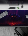 Dark violet mist and blood-red glow anime desk pad 40x20 inches, ember eyes, eerie dread mood.