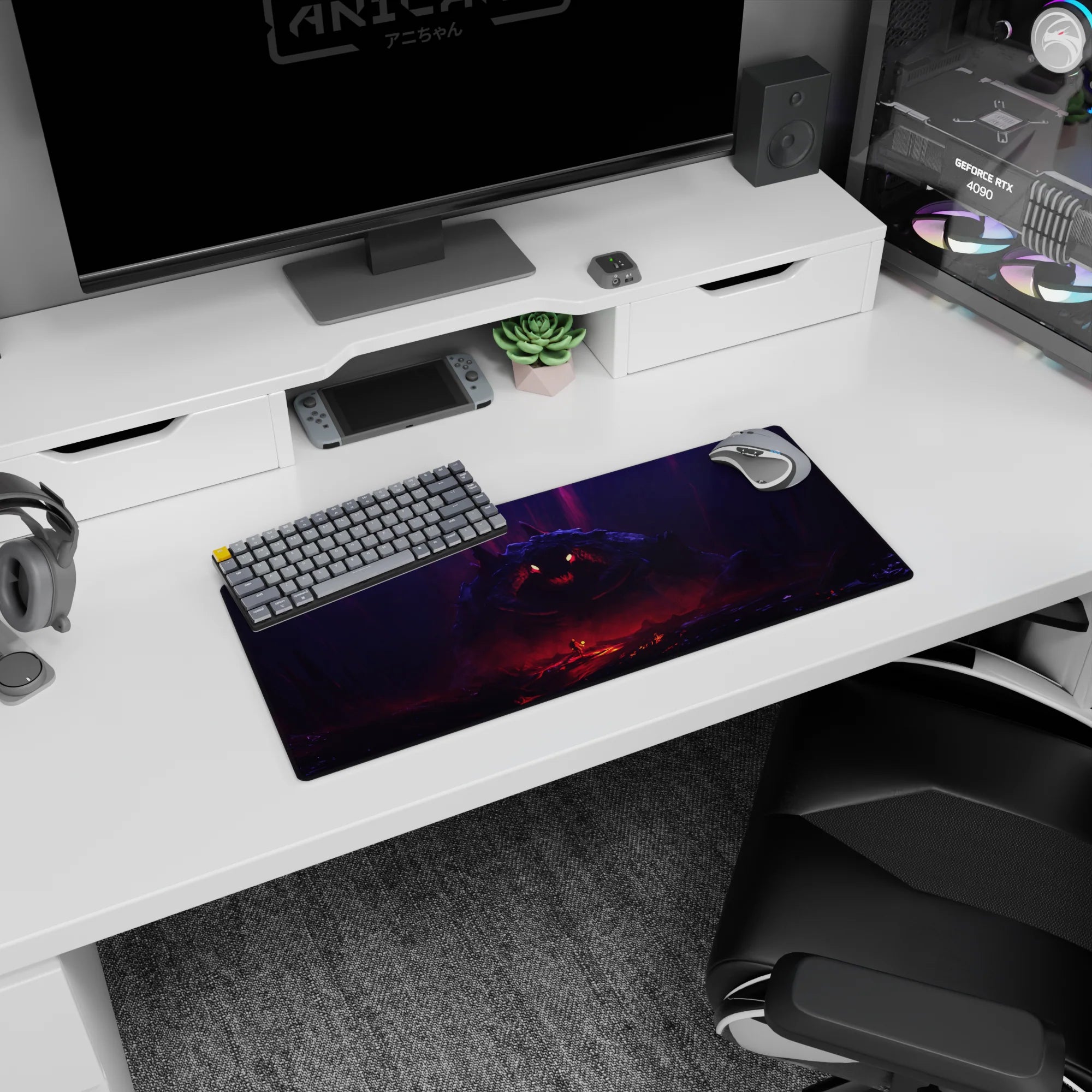 28x12 inches anime mouse pad showing lone torchlit hero facing giant jagged-grin monster in rocky cave.