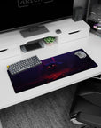 32x12 inches anime mouse pad showing a torchlit warrior staring down a jagged-grin monster in rocky cave.