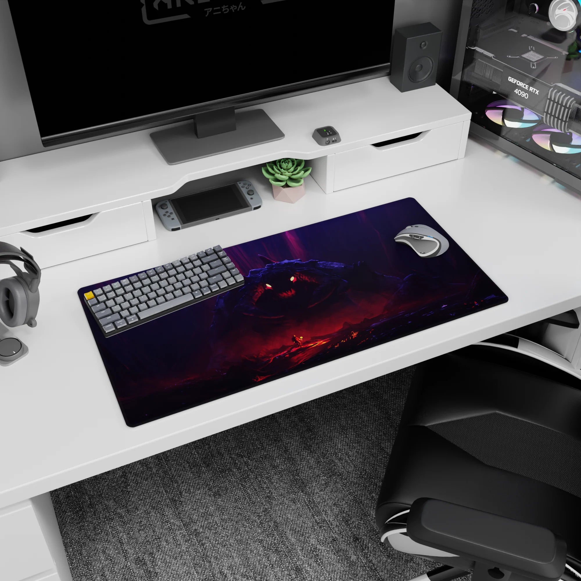 Anime mouse pad 32x16 inches showing tiny torchbearer facing a colossal shadow monster with jagged grin.