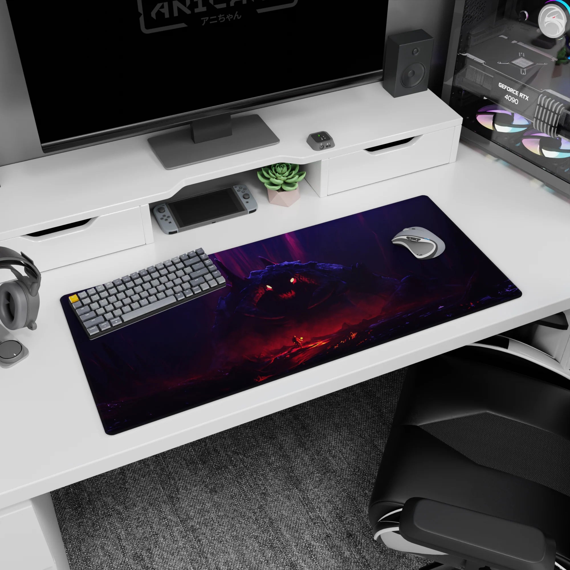 36x16 inches anime desk pad showing a torchlit warrior facing a giant jagged-grin monster in a rocky cave.