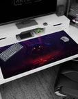 Torchlit hero faces jagged-grin monster in rocky cave anime desk pad 40x20 inches, final boss scene.