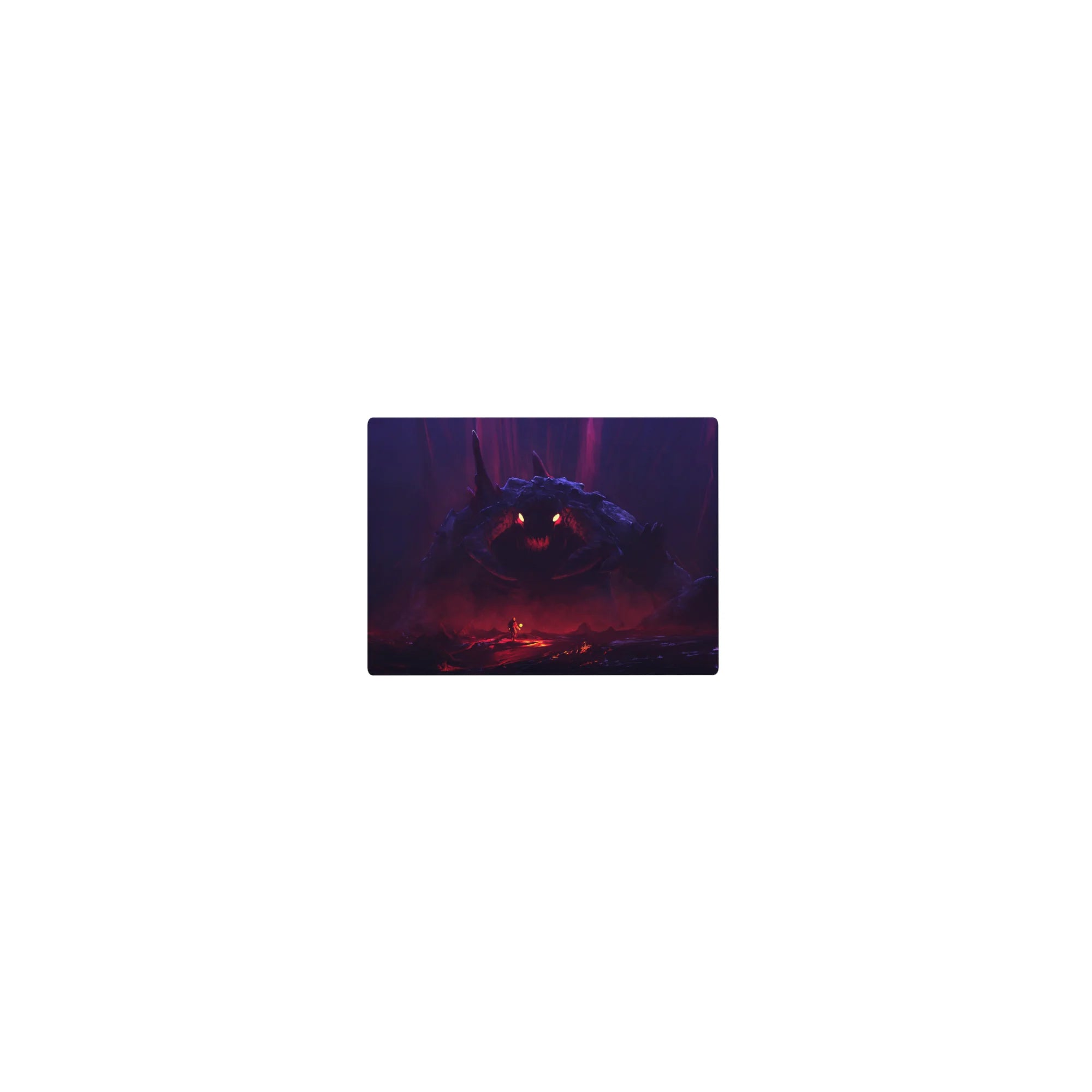 Classic anime mouse pad 14x10 inches with lone hero vs colossal shadow beast in a cavern boss arena.