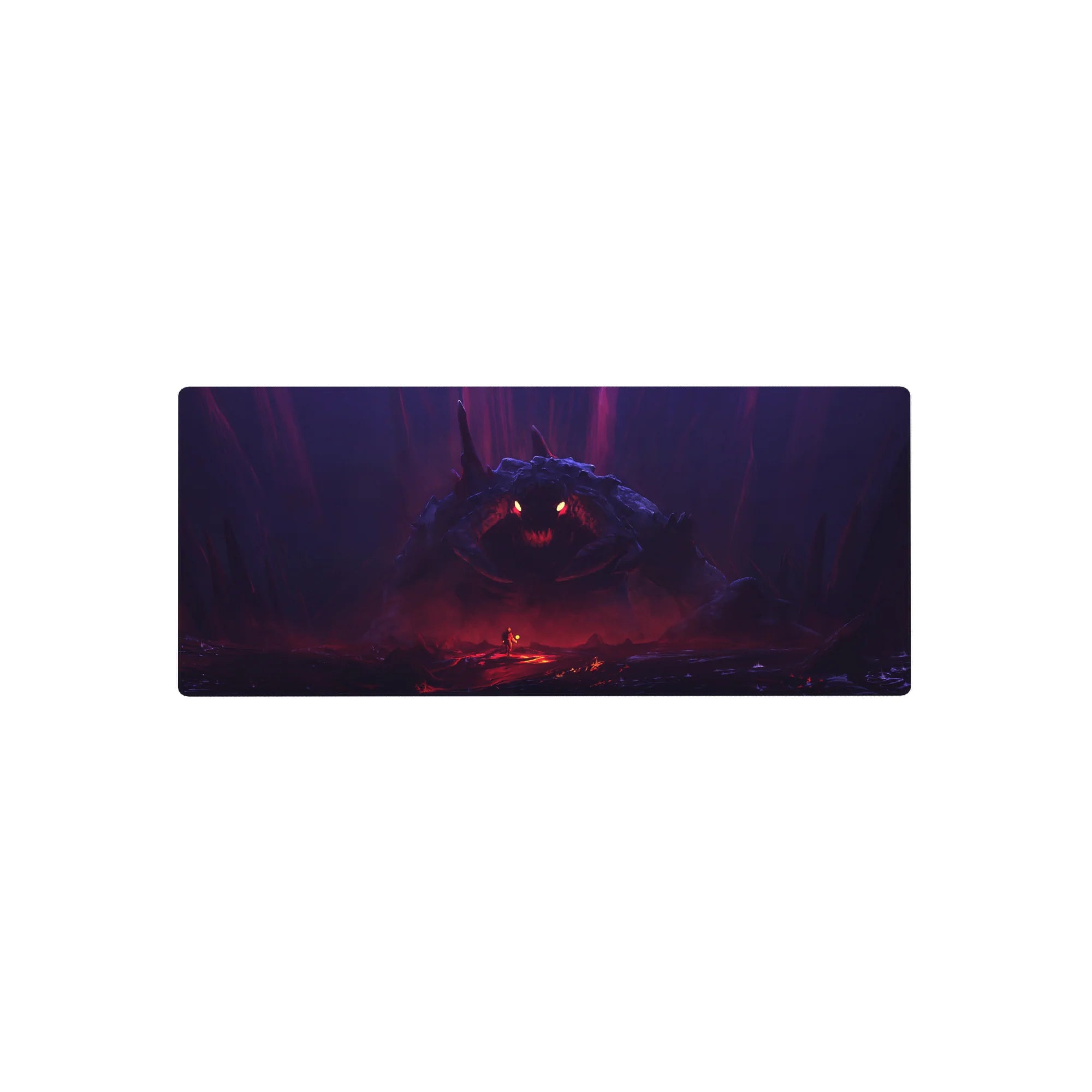 28x12 inches anime mouse pad with hero vs colossal shadow beast in cavern, cinematic wide boss fight art.