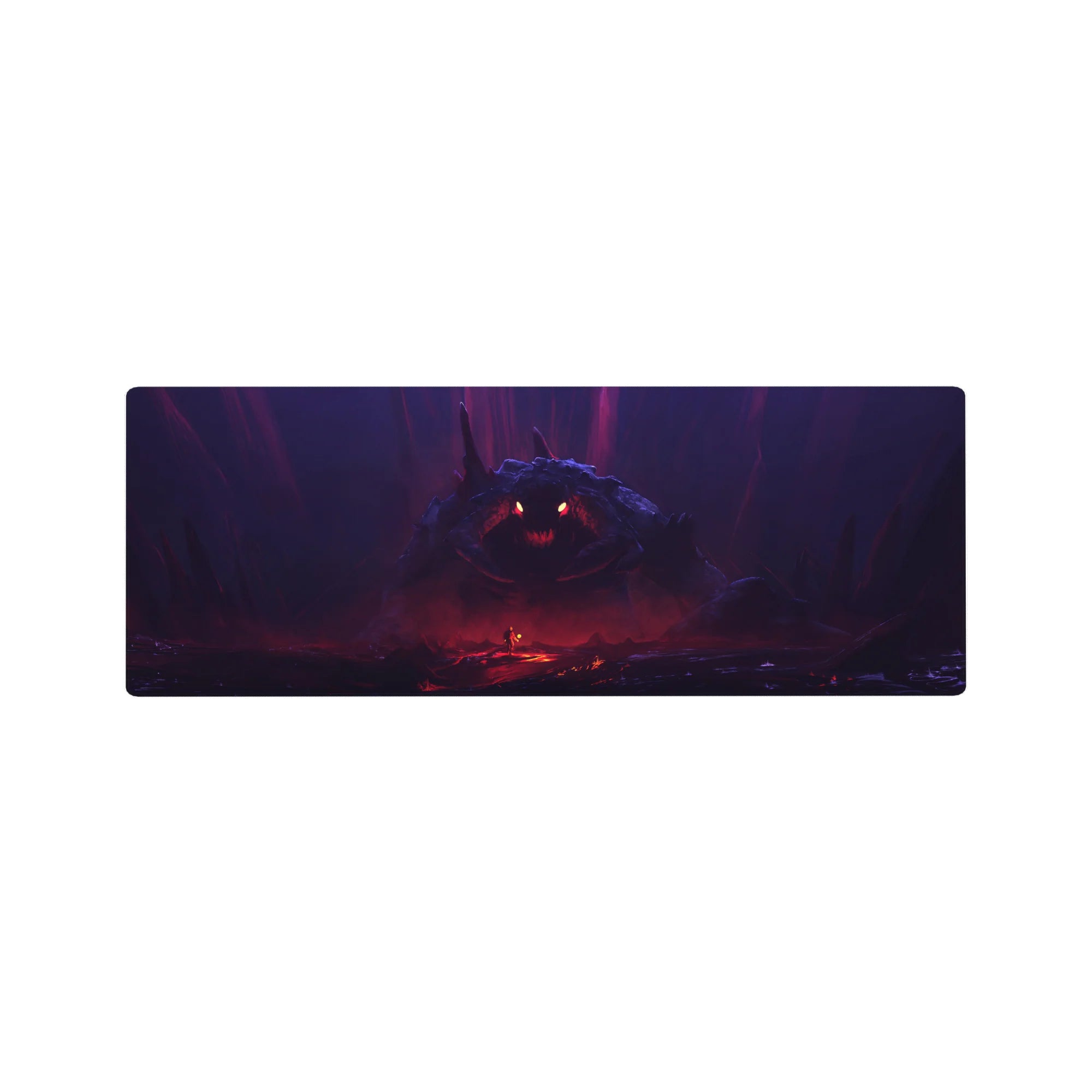 32x12 inches anime mouse pad with lone hero facing a colossal shadow beast in a cavern, cinematic wide art.